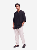 Black Textured Grandad Collar Shirt