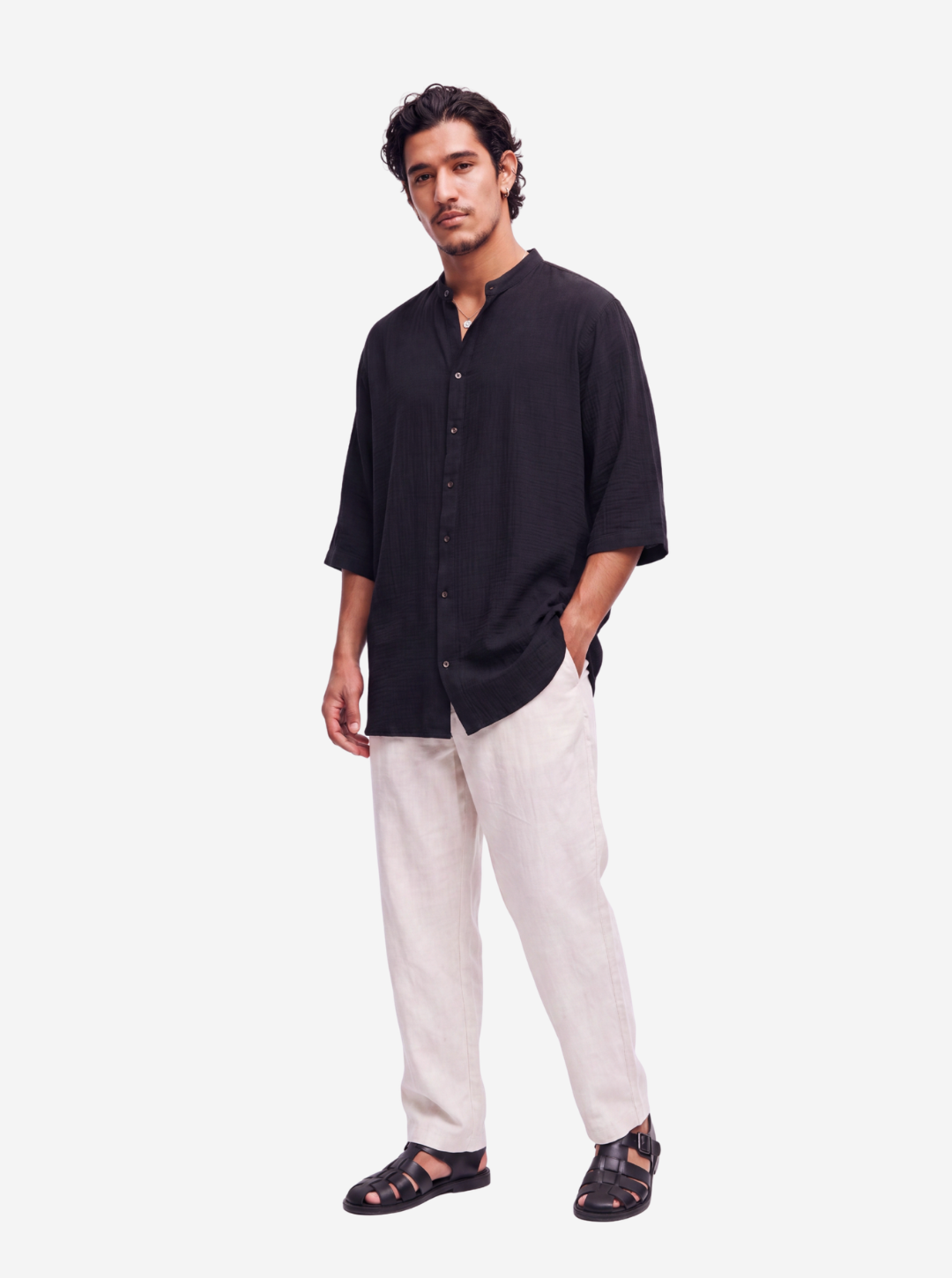 Black Textured Grandad Collar Shirt