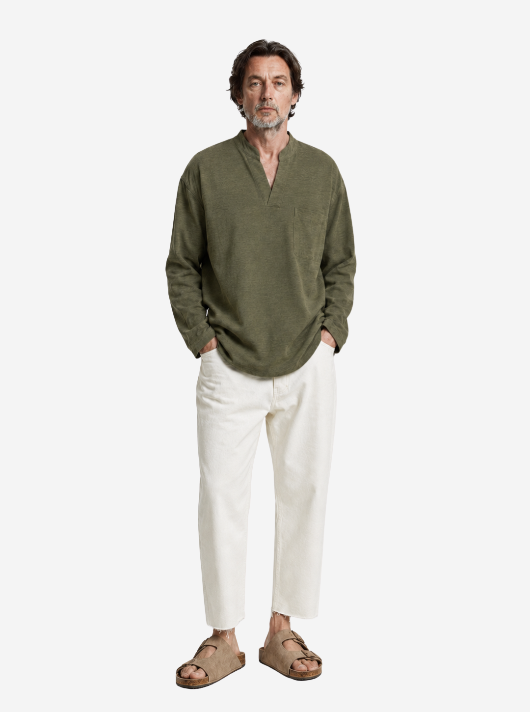 Olive Split-Neck Mandarin Shirt
