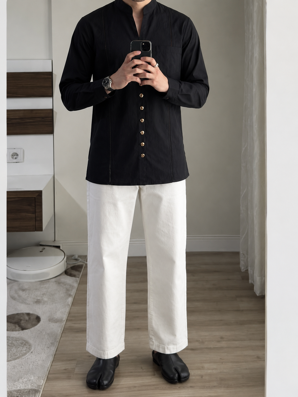 Black Trim Detail Mandarin Shirt