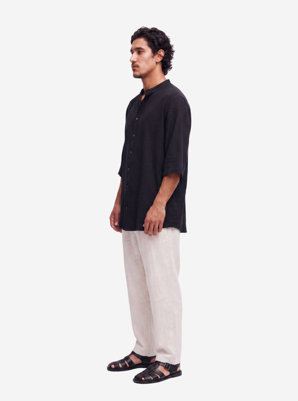 Black Textured Grandad Collar Shirt