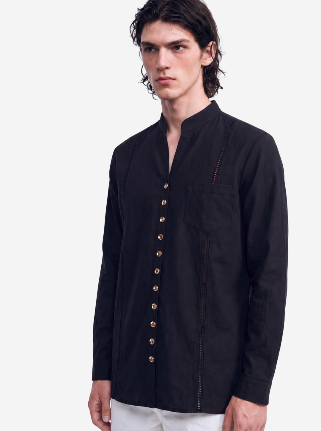 Black Trim Detail Mandarin Shirt