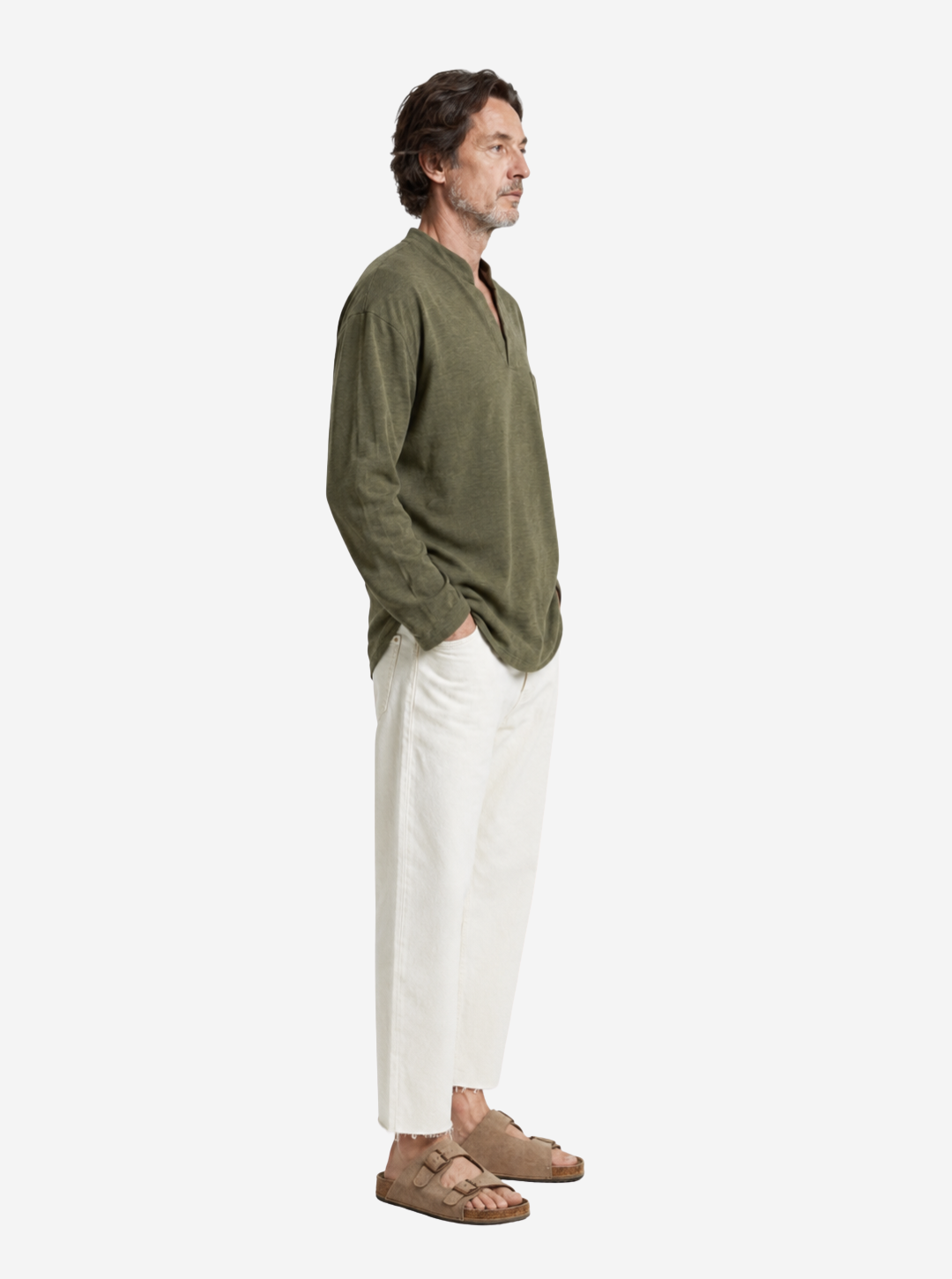 Olive Split-Neck Mandarin Shirt