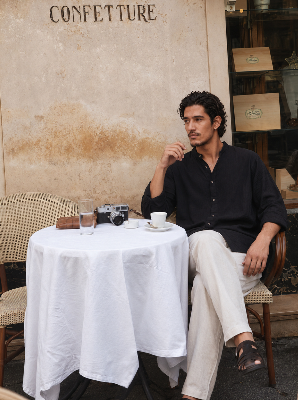 Black Textured Grandad Collar Shirt