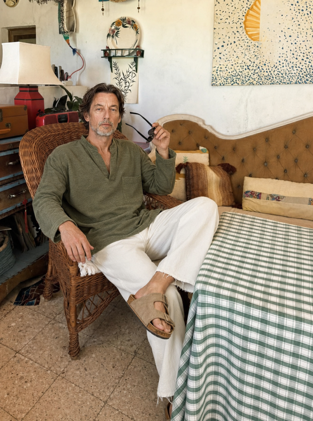 Olive Split-Neck Mandarin Shirt