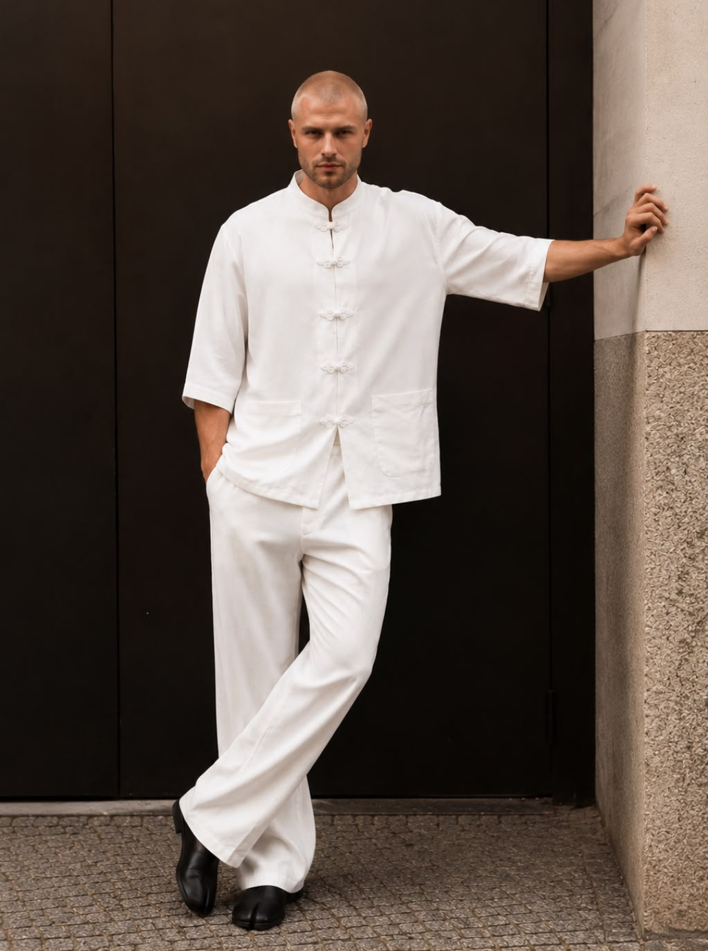 White Mandarin Collar Set
