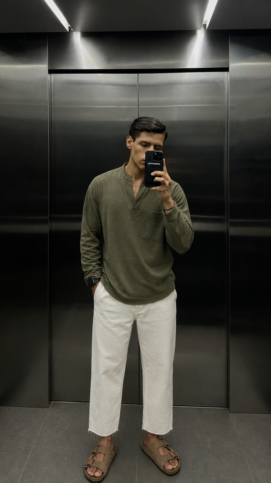 Split-Neck Olive Mandarin Shirt