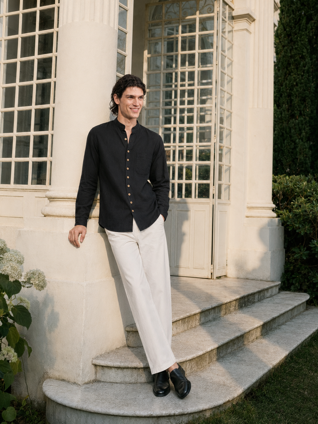 Black Trim Mandarin Shirt
