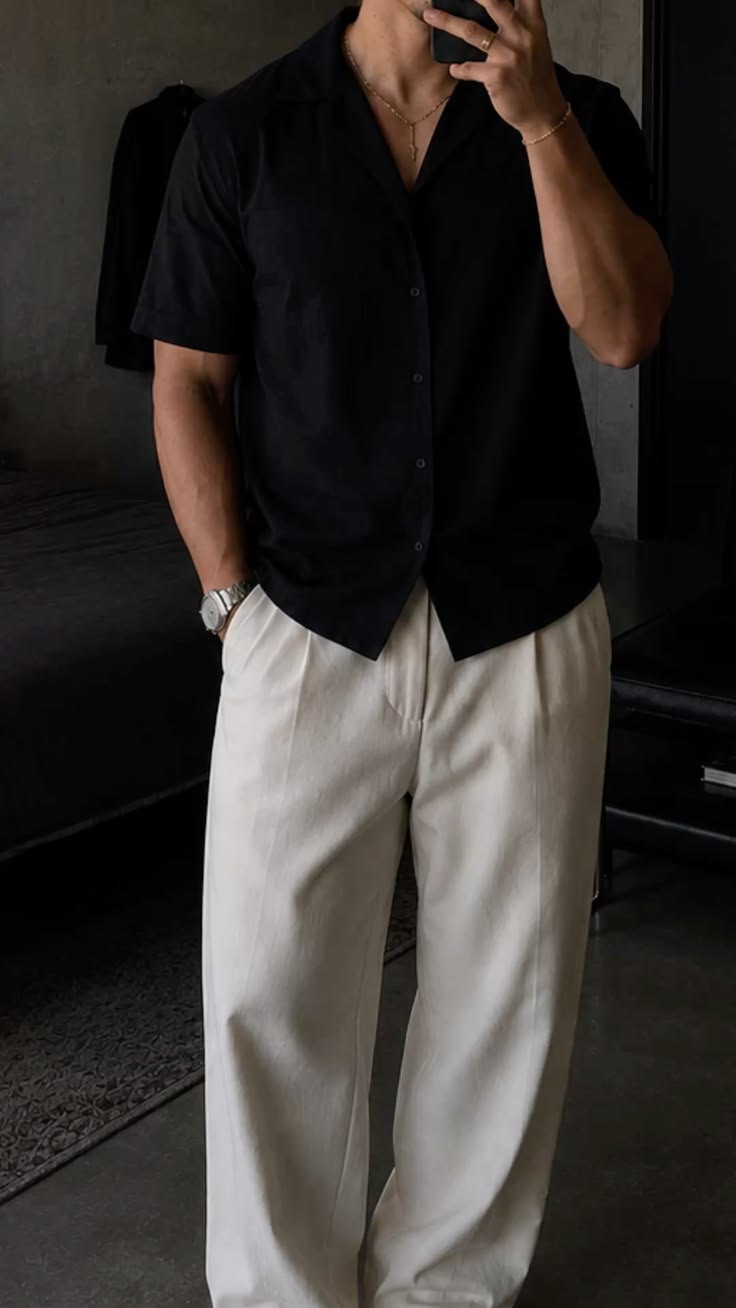 Black Textured Grandad Collar Shirt