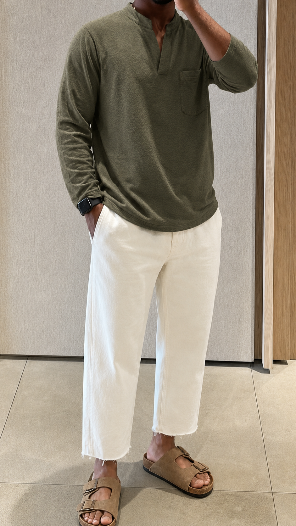 Split-Neck Olive Mandarin Shirt