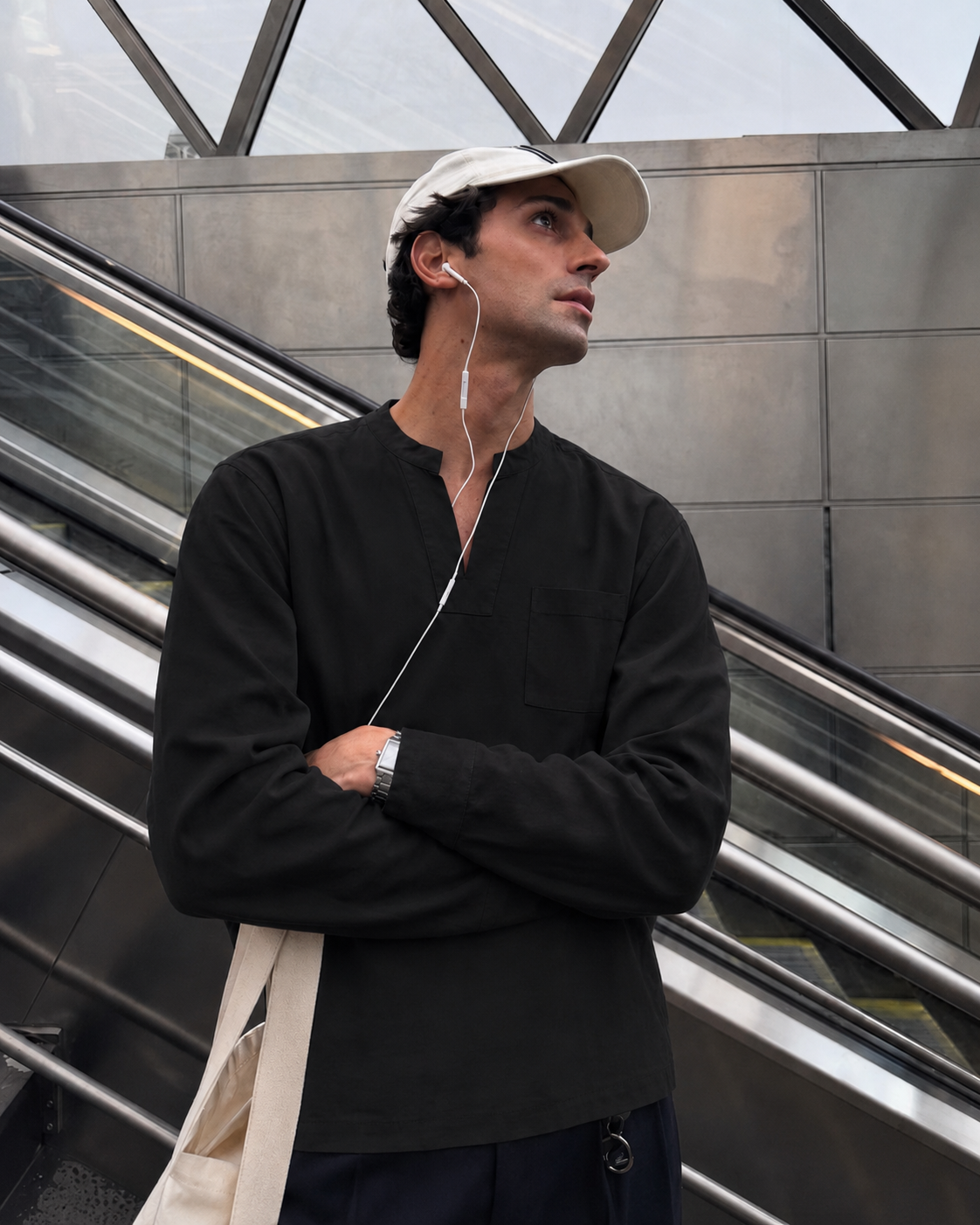 Split-Neck Black Mandarin Shirt