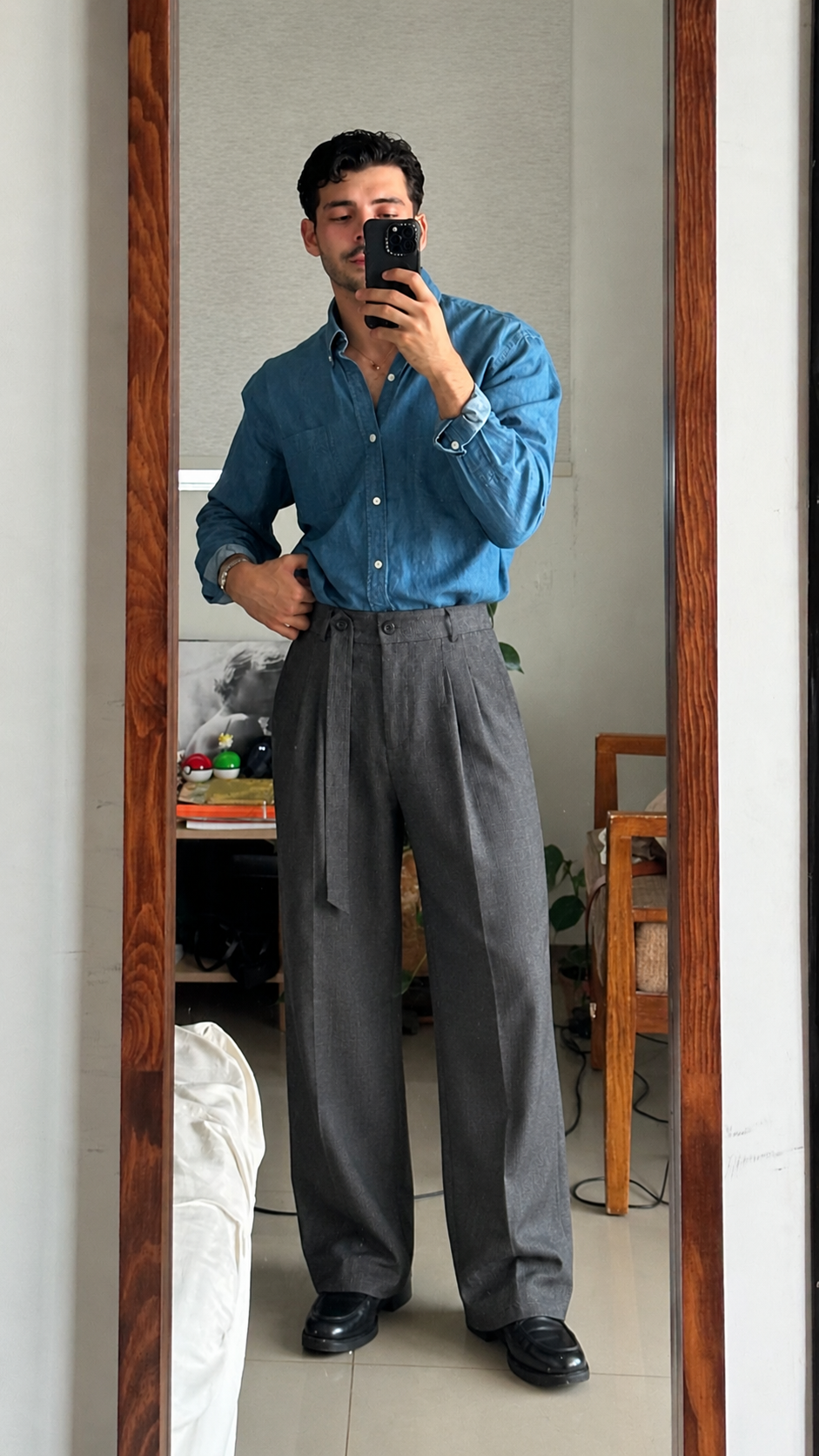 Grey plaid-Waist Trousers