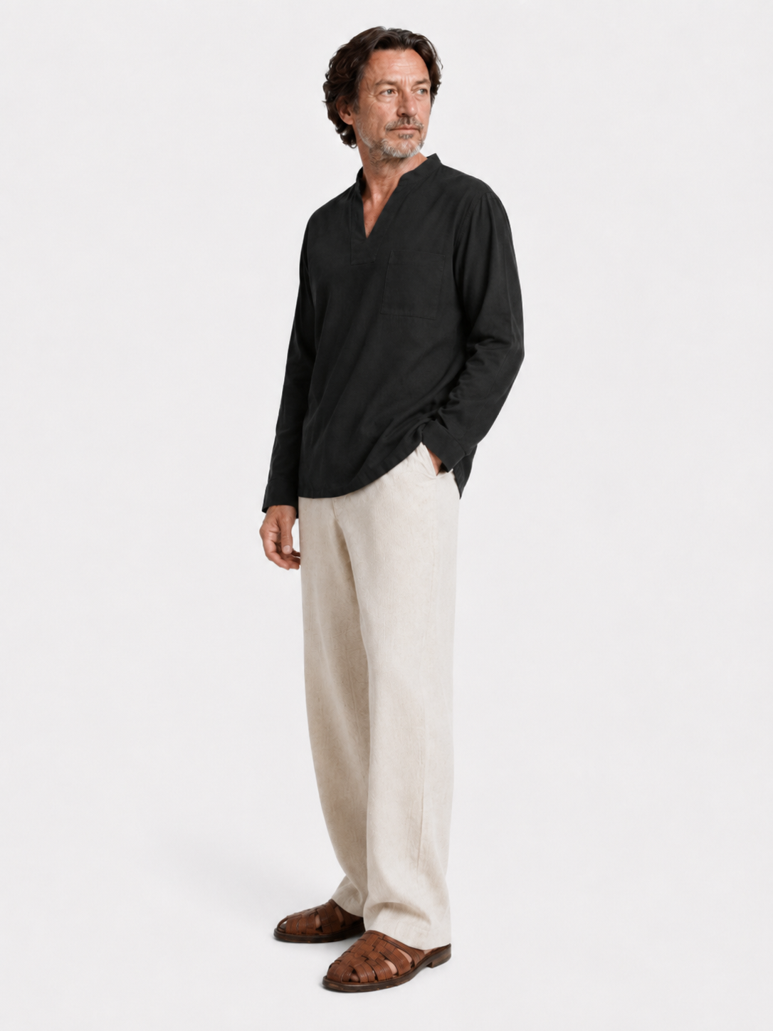 Split-Neck Black Mandarin Shirt
