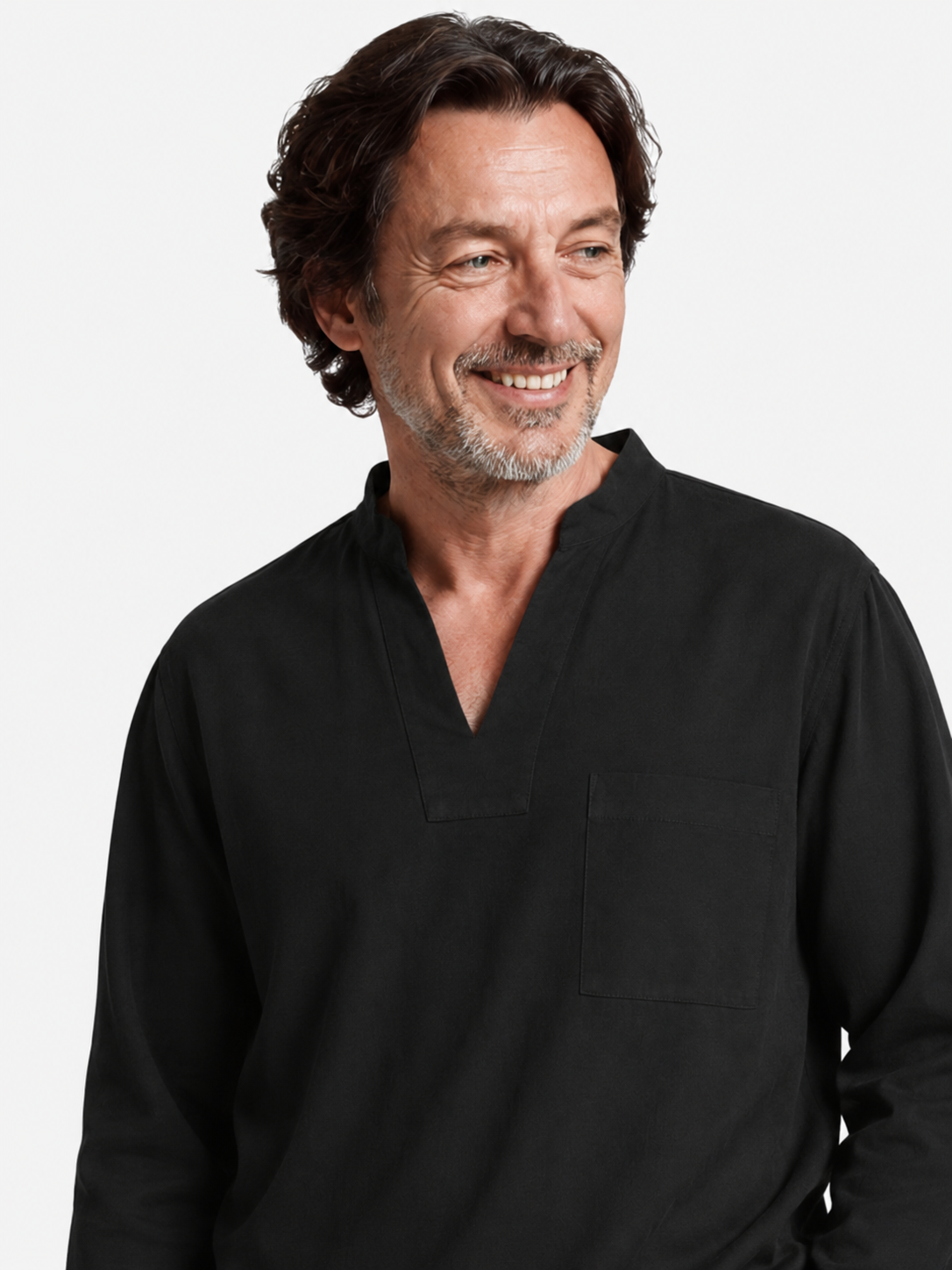 Split-Neck Black Mandarin Shirt