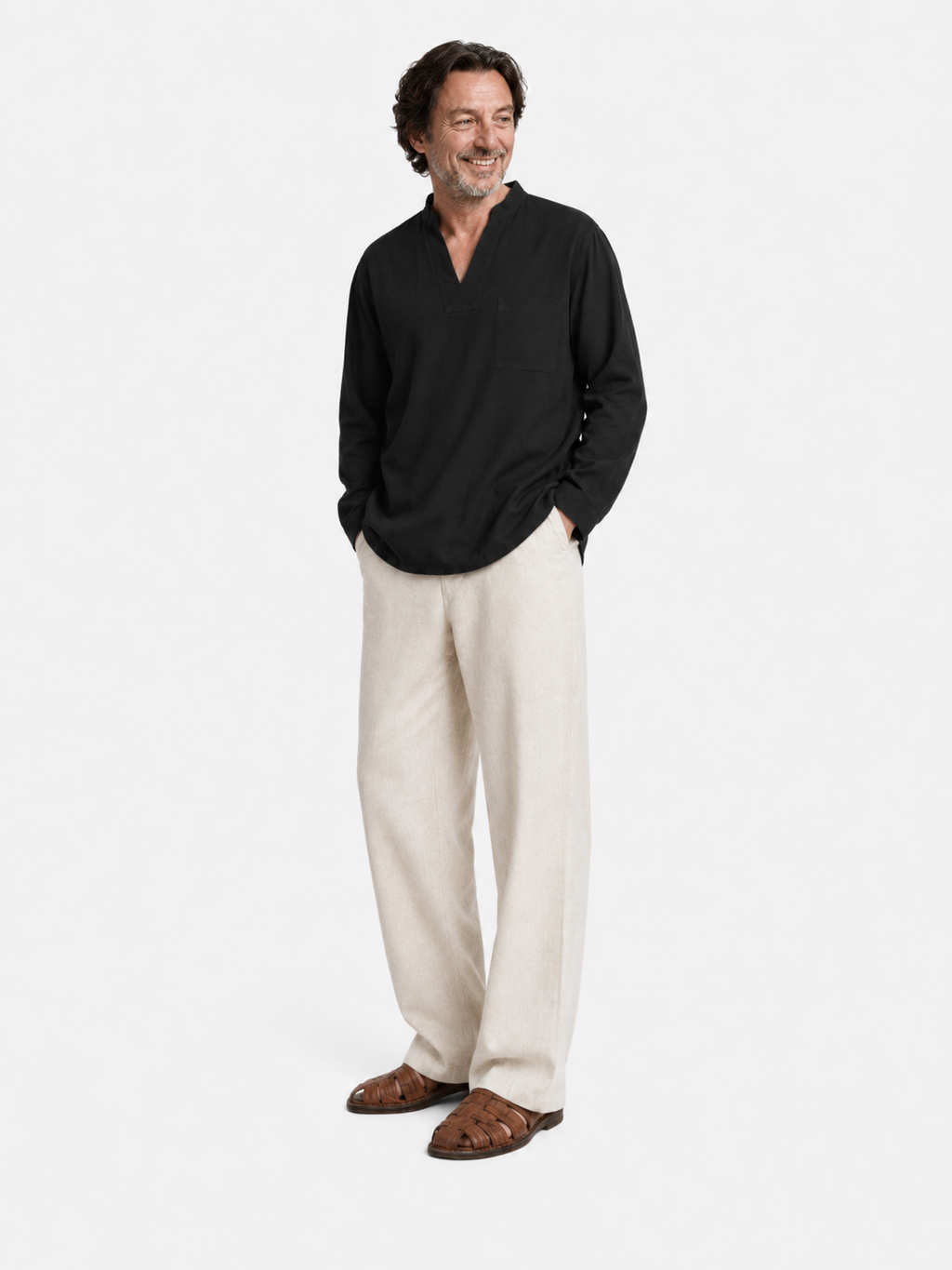 Split-Neck Black Mandarin Shirt
