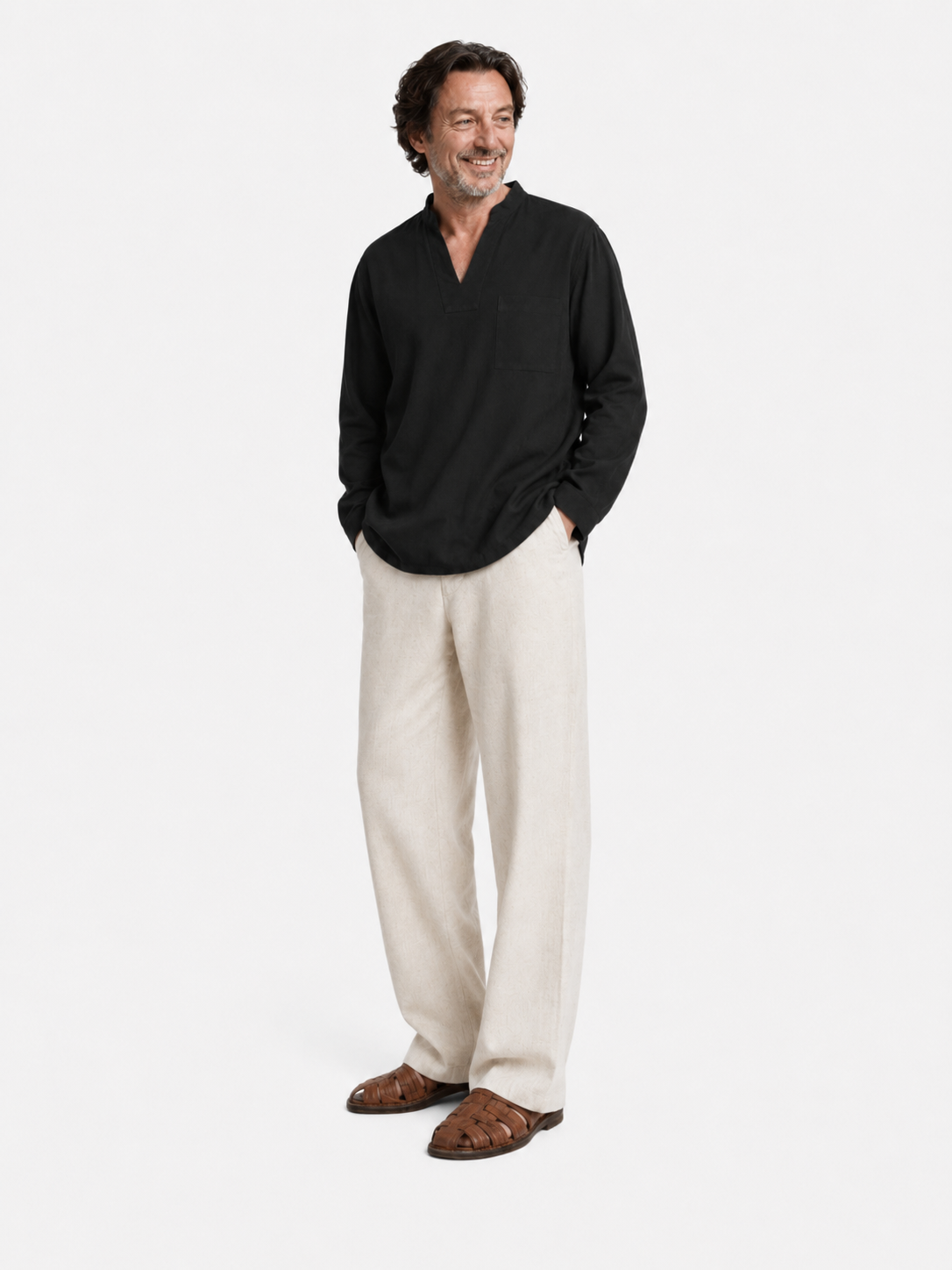 Split-Neck Black Mandarin Shirt